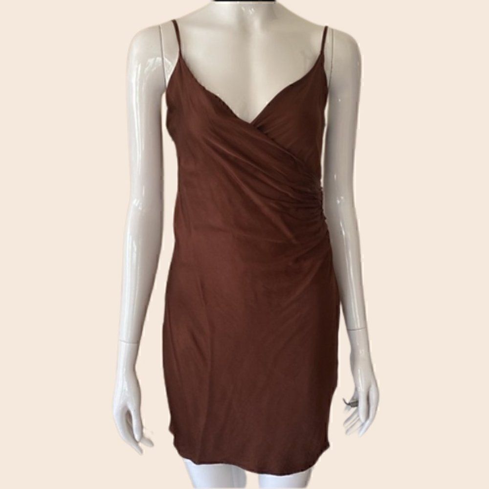 Zara Chocolate Brown Wrap Bust Ruched Side Mini Slip Dress Size XS